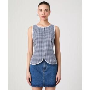 French Connection Gingham Lace-Trim Sleeveless Vest Blue White Women's Small